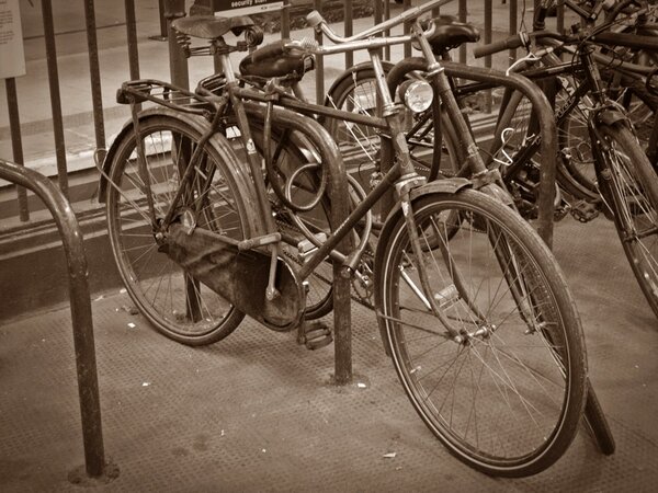 Bikes in Manchester sepia.JPG