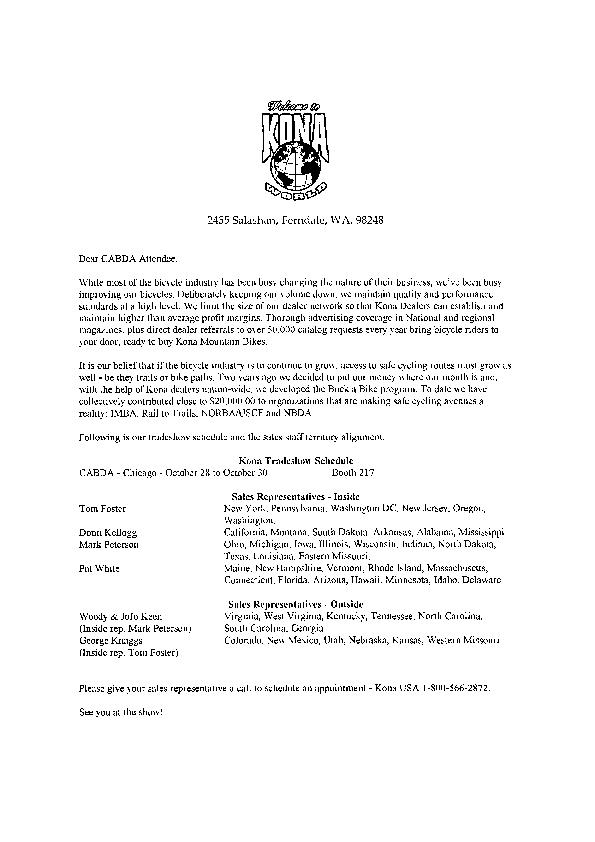 Kona USA 1996 dealer letter