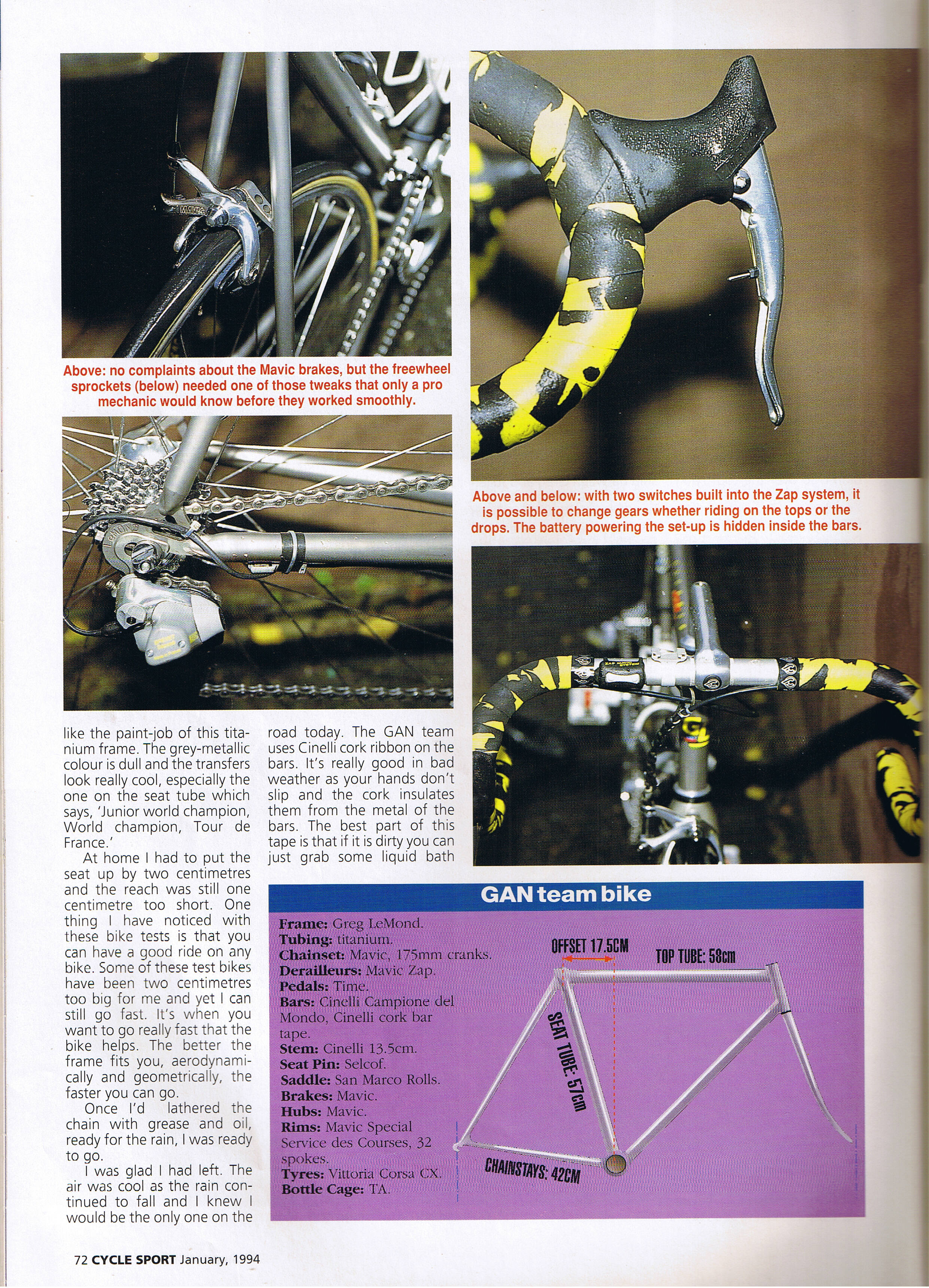 'Zapping into winter' Lemond GAN team bikes review Cycle Sport January 1994 page 3
