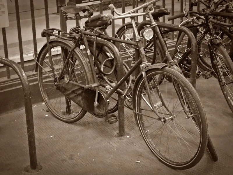 Bikes in Manchester sepia.webp
