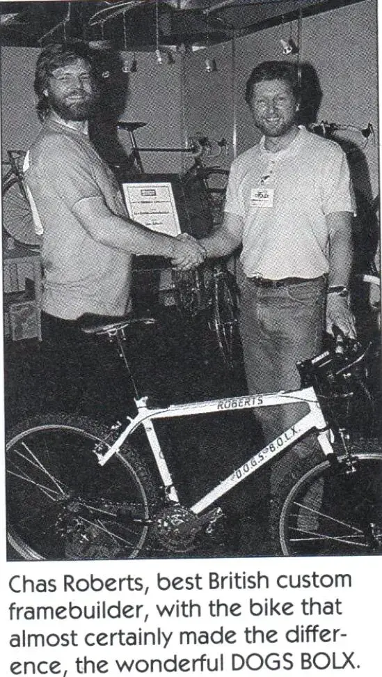 1992 BEST BRITISH CUSTOM FRAMEBUILDER AWARDED TO CHAS ROBERTS..webp