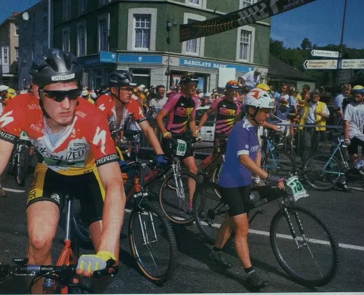 Deb Murrell, Representing Formula One, at the Start of the Man V Horse V bike race..webp