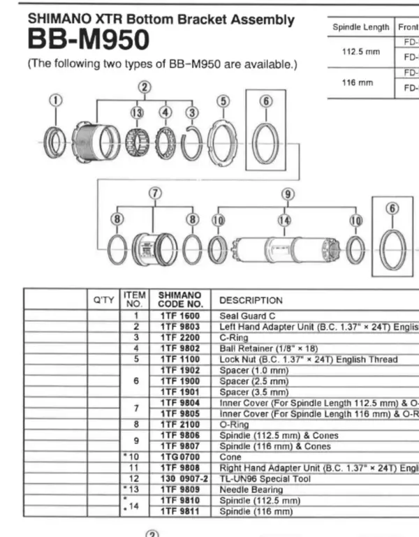 Shimano XTR BB-M950 Octalink V1 Bottom Bracket 112.5mm