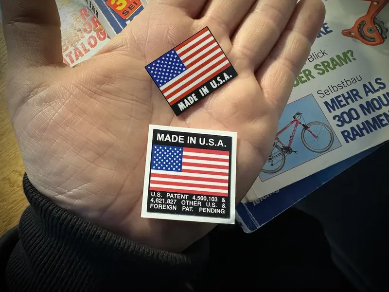 FUNK and KLEIN seat tube frame sticker USA flag pat numbers by Falko Schlötel Germany.webp