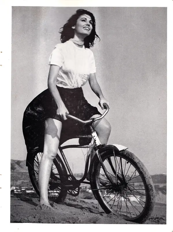 Paula Prentiss, bike, beach, 1961 .webp