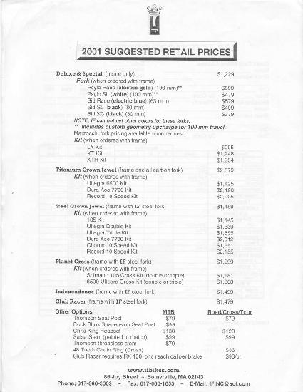 Independent Fabrication Pricelist 2001