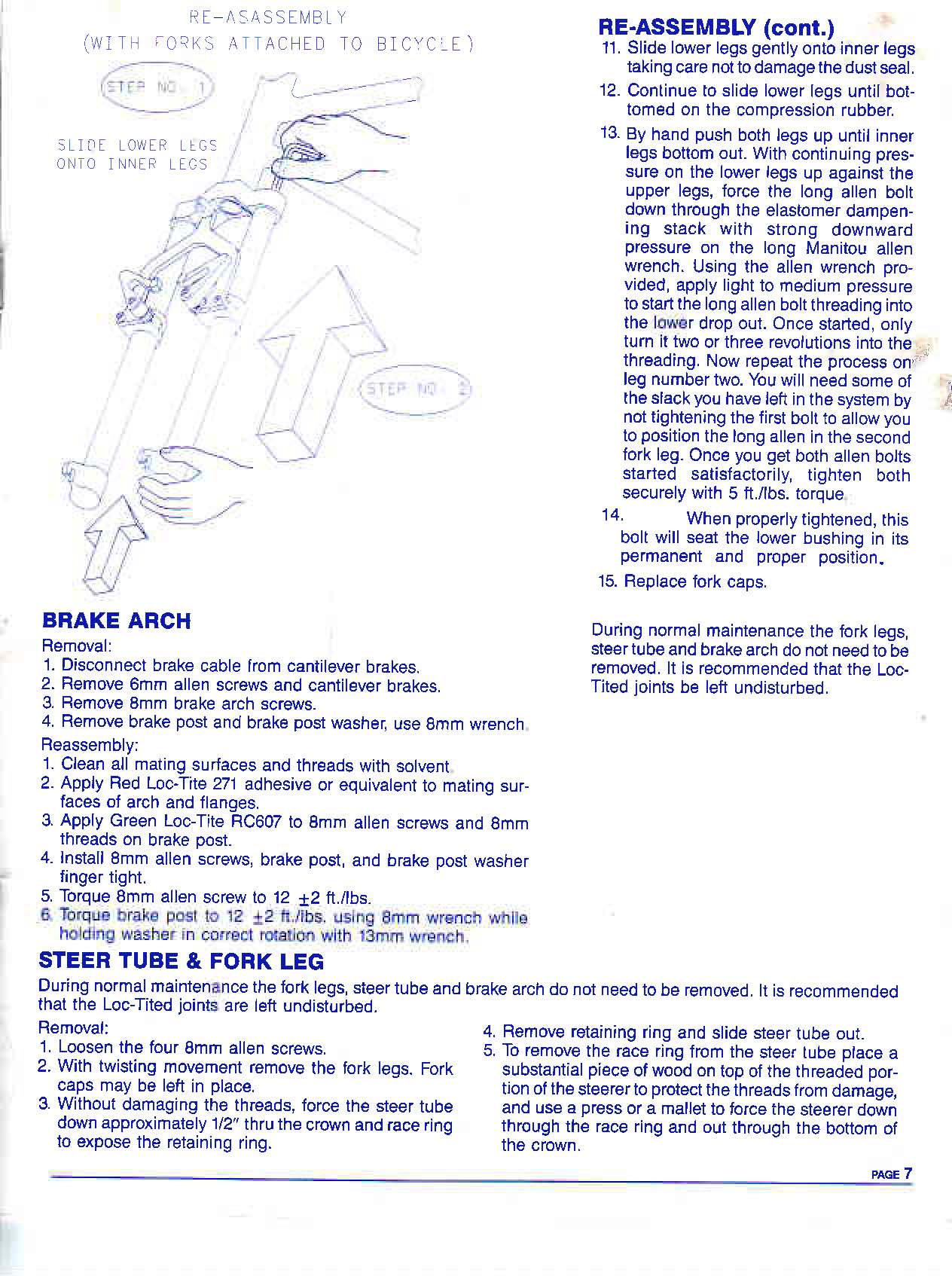 Page 7 - Reassembly cont, Brake Arch, Steerer Tube and Fork leg