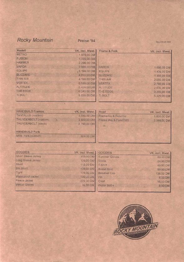 Rocky Mountain Catalogue 1994 Pricelist
