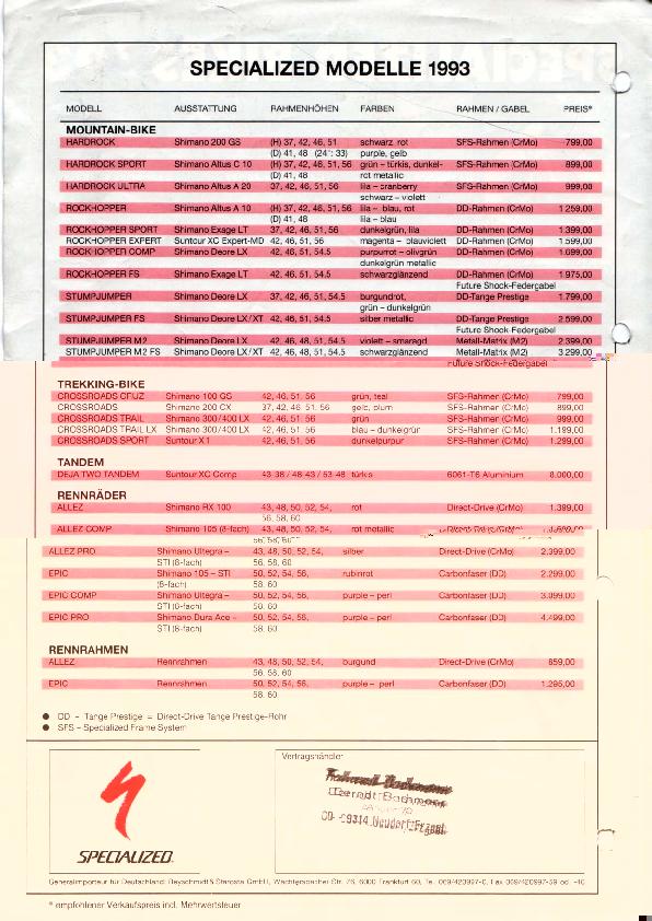 Specialized Pricelist 1993