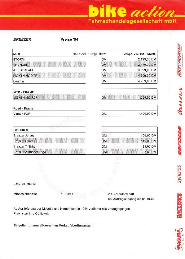 Breezer Price List 1994