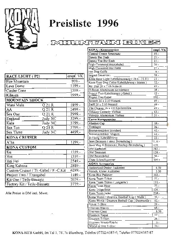 Kona Pricelist 1996 Germany