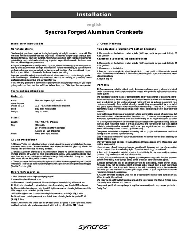 syncros aluminium cranks manual