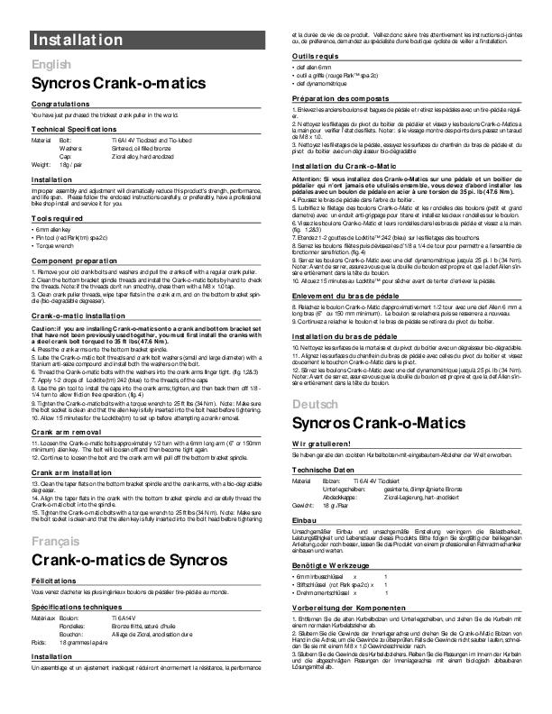 syncros crankomatics manual 2