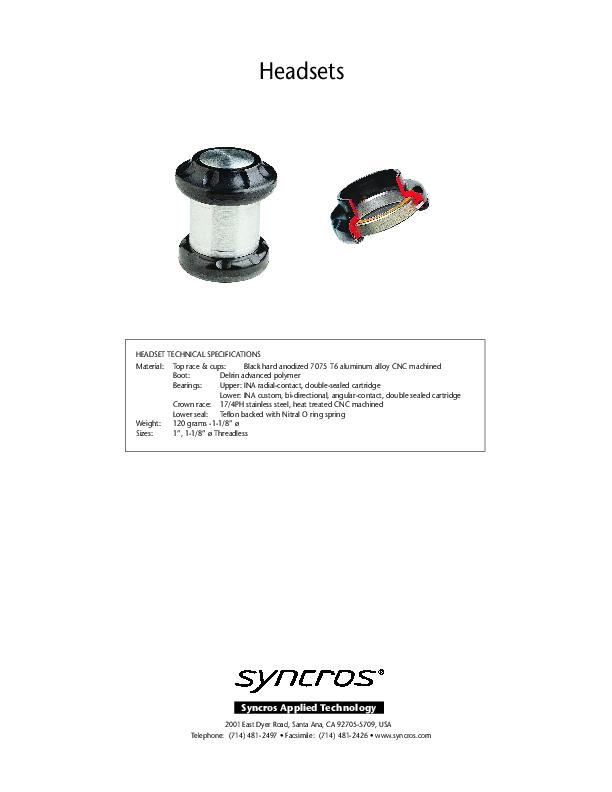 1998 Syncros Headset Specs