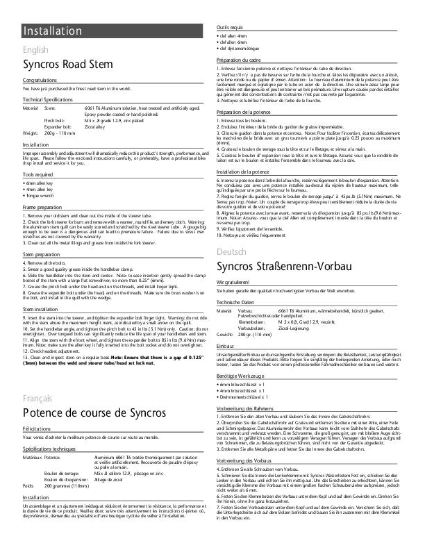1998 Syncros Road Stem Manual