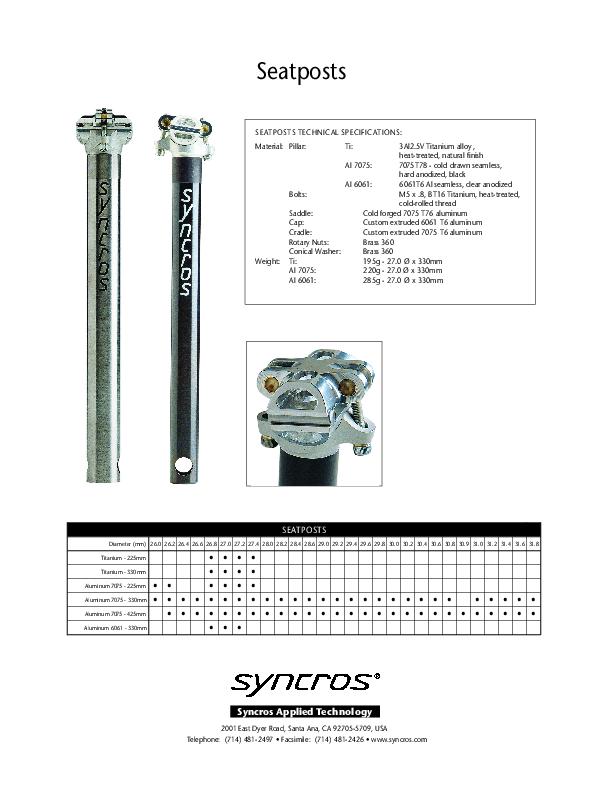 1998 Syncros Seatpost Specs