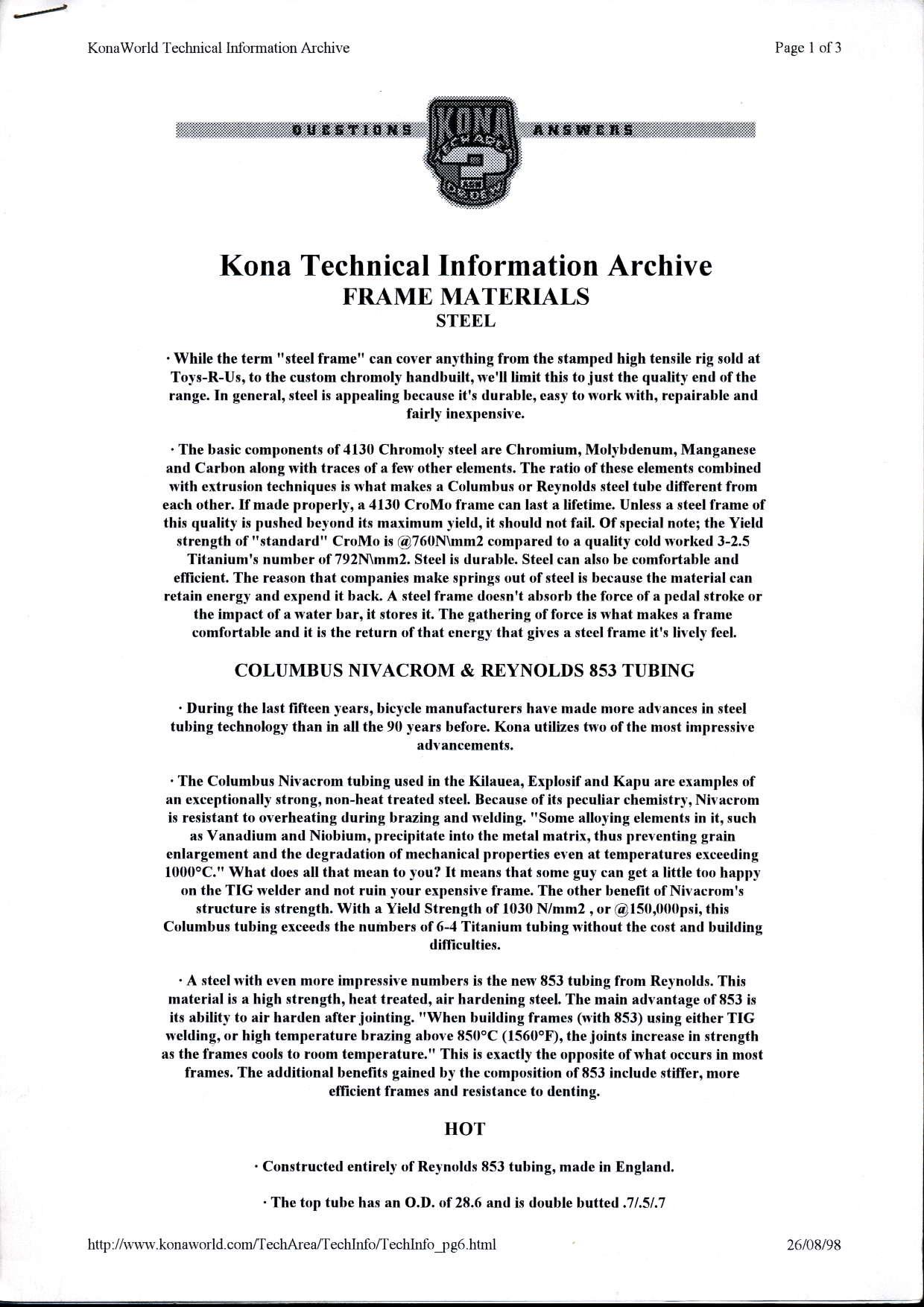 Kona frame materials 1996 to 1998